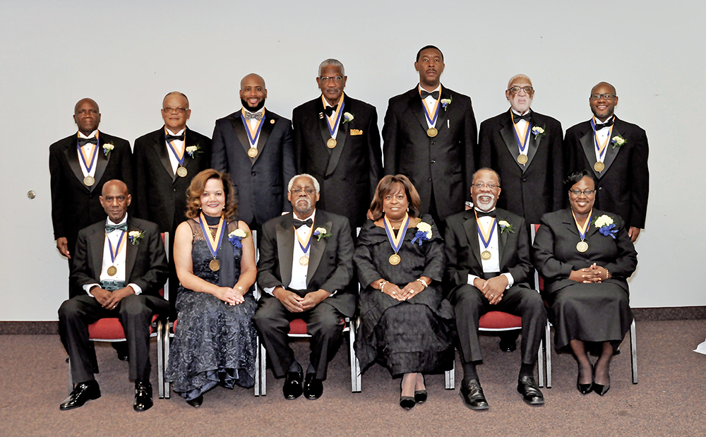 James B. Dudley High School Hall of Fame/Hall of Distinction Inductees for 2015.  Front Row (L-R): Terry Keith, Dr. Denise Greene, David Dansby, Ernestine Bennett, Arthur Hood and Pam Doggett. Back Row (L-R): David Moore, John Troxler, Rev. Charles Goodman, Rev. Edward Best, Clarence Grier, Rufus Williams and Amos Quick. Photo courtesy Norris Greenlee 